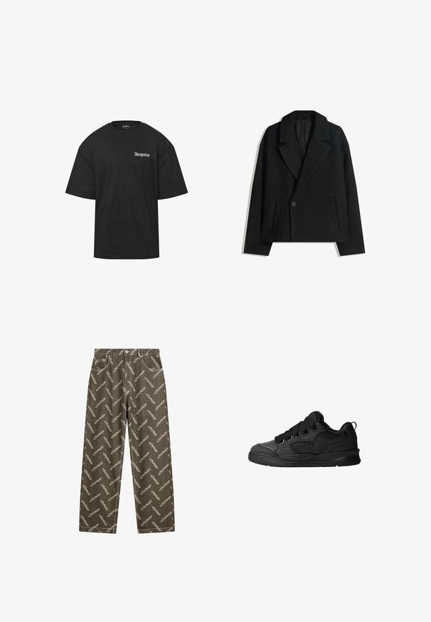 Zwart wollen blend dubbelzijdig jasje met gestructureerde revers, twee zijzakken en een enkele knoopsluiting. Zacht, textuurgegeven materiaal.; Zwarte katoenen T-shirt met ronde hals en korte mouwen. Met witte "Dropsize" tekst op de linkerborst. Eenvoudige en relaxte pasvorm.; Khaki denim broek met een overal verenpatroon in lichtbeige. Ruime pasvorm met standaardzakken en contrasterende stikdetails.; Zwarte sneakers met een gestructureerde bovenkant, voorzien van veters, mesh-details voor ademend vermogen, een gevoerd kraagje en een stevige zool.