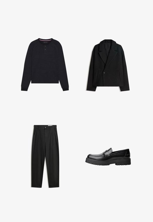 Zwart wollen blend dubbelzijdig jasje met gestructureerde revers, twee zijzakken en een enkele knoopsluiting. Zacht, textuurgegeven materiaal.; Zwarte lange mouwen henley-shirt met een ronde halslijn, twee knopen voor sluiting, en raglanmouwen. De stof voelt zacht aan met een gestructureerde afwerking.; Zwarte katoenen broeken met een losse pasvorm, voorzien van een klassieke tailleband, voorplooien en zijzakken. Gladde structuur zonder patronen.; Zwarte leren loafer met een chunky profielzool en een decoratieve band over de bovenkant, weergegeven in het linkerzijprofiel op een witte achtergrond.