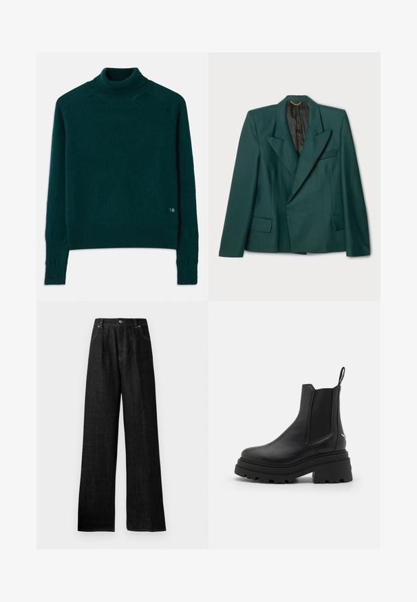 Blazer verde feito de um tecido texturizado com um design estruturado. Apresenta um colarinho em gota, dois bolsos frontais e um forro preto.; Pullover de gola alta em teal, feito de um suave tecido de malha. Apresenta punhos e bainha canelados, com um discreto detalhe do logótipo na parte inferior frontal esquerda.; Calças largas de ganga pretas com uma cintura alta, apresentando costuras tonais, um fecho de botão na parte da frente e dois bolsos laterais.; Botas chelsea pretas feitas de couro liso, com painéis elásticos dos lados, uma sola de borracha grossa e estriada, e uma alça na parte de trás.