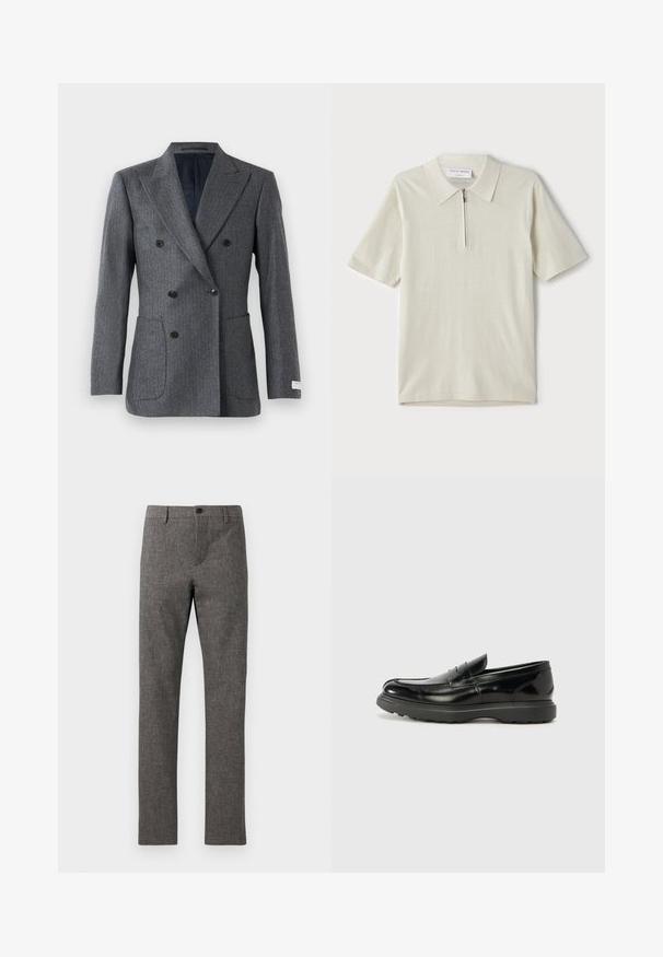 Šedý dvouřadý blejzr s vrcholovými klopami, šesti černými knoflíky, dvěma předními kapsami bez klop a černou podšívkou.; Pánská polo košile s krátkým rukávem v světlé béžové barvě, s límcem na zip. Vyrobena z hladkého materiálu, s jednoduchým, moderním designem bez vzorů.; Šedé kalhoty z texturované tkaniny. Střih na míru s plochým předním dílem, zipovým zapínáním a jedním knoflíkem. Není viditelný žádný další kapsa.; Černé kožené mokasíny s lesklým povrchem, kulatou špičkou, nenápadnými švy a silnou gumovou podrážkou pro odolnost.