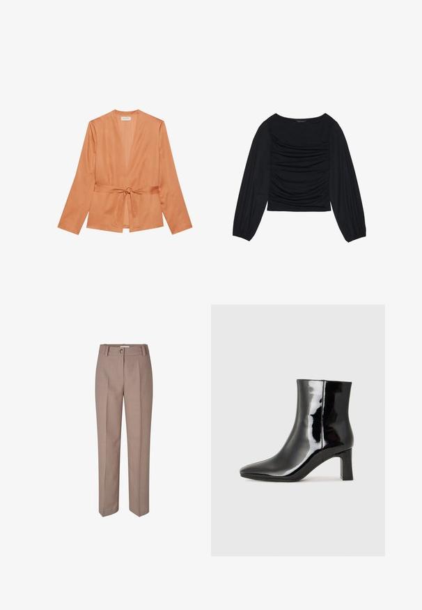 Chaqueta envolvente en color óxido, hecha de una tela suave, que presenta mangas largas, un escote en V profundo y un detalle de cintura atada.; Top negro de manga larga con detalle de tela fruncida en la parte delantera y en las muñecas, confeccionado en un material suave y elástico con escote barco.; Pantalones de traje beige con un diseño de pierna recta, que cuentan con un cierre de botón y un frente plisado. Textura suave y acabado pulido.; Botín de charol negro con punta afilada y un tacón de bloque de altura media. Textura suave y diseño minimalista.