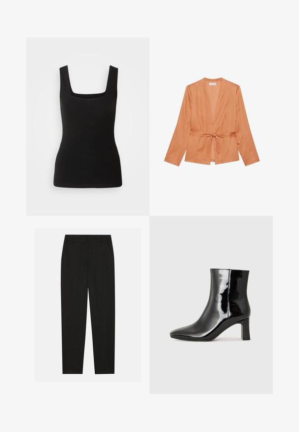 Rusztik vörös, sima anyagból készült, átkötős dzseki, hosszú ujjakkal, mély V-nyakkal és megkötős övvel.; Fekete, ujjatlan trikó, négyzet alakú nyakkal, sima anyagból készült; testhezálló fazon, minták vagy fém díszítések nélkül.; Fekete nadrág testreszabott kialakítással, oldalsó zsebekkel és egyenes lábbal. Simább, könnyű szövetből készült, elegáns felülettel.; Fekete lakk bőrcipő bokáig érő, hegyes orral és közepes magasságú tömbsarokkal. Simább textúrával és minimalista dizájnnal rendelkezik.