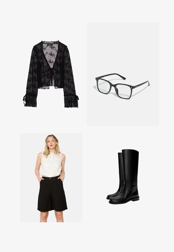 Brauner maßgeschneiderter Blazer mit hohem Kragen, langen Ärmeln und zwei Vorderentaschen. Verfügt über geschwungene Nähte für eine taillierte Passform. Glatte Textur.; Schwarze Spitzenbluse mit floralem Muster, durchsichtiger Stoff, V-Ausschnitt, vorn zu bindende Verschluss und geraffte Glockenärmel mit Bindungsakzenten.; Weiße Spitzentop ohne Ärmel mit Knopfkragen, kombiniert mit hochgeschnittenen schwarzen Shorts mit seitlichen Taschen und lockerer Passform.; Schwarze knielange Lederstiefel mit glatter Textur, runder Zehenform, flacher Sohle und minimalistischem Design, mit genähten Nähten und ohne sichtbare Beschläge.; Schwarze rechteckige Brille mit klaren Gläsern, die goldene Akzente im Rahmen aufweist und einen leichten lila Schimmer auf einem der Gläser hat.; Schwarze, glatte Leder Schultertasche mit abgerundetem Deckel, einem einzigen Trageriemen, Reißverschlussverschluss und kleinem silbernen Logo-Emblem in der Mitte vorne.