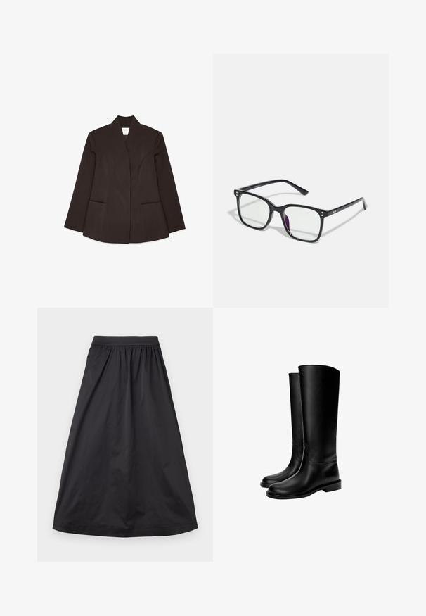 Brauner maßgeschneiderter Blazer mit hohem Kragen, langen Ärmeln und zwei Vorderentaschen. Verfügt über geschwungene Nähte für eine taillierte Passform. Glatte Textur.; Weißes Tanktop aus leichtem Stoff. Verfügt über einen runden Ausschnitt und weite Armausschnitte, mit einer glatten Textur und minimalistischem Design.; Schwarzer Maxirock aus glattem Material; verfügt über einen gerafften Bund, eine fließende Silhouette und einen geraden Saum ohne zusätzliche Verzierungen.; Schwarze knielange Lederstiefel mit glatter Textur, runder Zehenform, flacher Sohle und minimalistischem Design, mit genähten Nähten und ohne sichtbare Beschläge.; Schwarze rechteckige Brille mit klaren Gläsern, die goldene Akzente im Rahmen aufweist und einen leichten lila Schimmer auf einem der Gläser hat.; Schwarze, glatte Leder Schultertasche mit abgerundetem Deckel, einem einzigen Trageriemen, Reißverschlussverschluss und kleinem silbernen Logo-Emblem in der Mitte vorne.