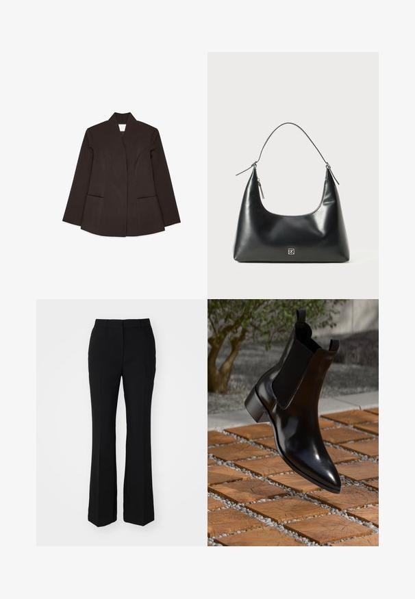 Blazer marron ajusté avec un col haut, des manches longues et deux poches avant. Présente des coutures courbées pour un design ajusté. Texture lisse.; Débardeur blanc en tissu léger. Présente un encolure arrondie et de larges emmanchures, avec une texture lisse et un design minimaliste.; Pantalons noirs ajustés avec une coupe évasée. Fabriqués en tissu lisse avec des plis creux à l'avant et une taille plate. Sans poches visibles.; Bottine Chelsea en cuir noir avec un orteil pointu, des panneaux latéraux élastiques et un talon épais, reposant sur une surface aux motifs de pierre et de bois.; Sac à épaule en cuir lisse noir avec un haut courbé, une bandoulière unique, une fermeture à glissière et un petit logo argenté au centre à l'avant.