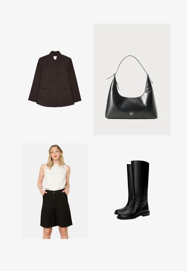 Brązowa marynarka o dopasowanym kroju z wysokim kołnierzem, długimi rękawami i dwiema przednimi kieszeniami. Posiada zaokrąglone szwy, co zapewnia dopasowany fason. Gładka faktura.; Biały top na ramiączkach wykonany z lekkiego materiału. Posiada okrągły dekolt i szerokie wycięcia na ramionach, charakteryzuje się gładką fakturą i minimalistycznym wzornictwem.; Biały koronkowy top bez rękawów z zapięciem na guziki, zestawiony z czarnymi szortami z wysokim stanem, które mają boczne kieszenie i luźny krój.; Czarne skórzane kozaki do kolan o gładkiej fakturze, zaokrąglonym nosie, płaskiej podeszwie i minimalistycznym designie, z przeszytymi szwem i bez widocznych elementów metalowych.; Czarna gładka skórzana torba na ramię z zaokrąglonym wierzchem, pojedynczym paskiem, zamknięciem na zamek i małym srebrnym logo umieszczonym na środku przodu.