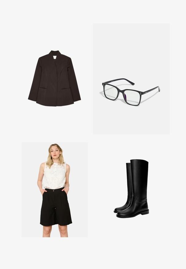 Brązowa marynarka o dopasowanym kroju z wysokim kołnierzem, długimi rękawami i dwiema przednimi kieszeniami. Posiada zaokrąglone szwy, co zapewnia dopasowany fason. Gładka faktura.; Biały top na ramiączkach wykonany z lekkiego materiału. Posiada okrągły dekolt i szerokie wycięcia na ramionach, charakteryzuje się gładką fakturą i minimalistycznym wzornictwem.; Biały koronkowy top bez rękawów z zapięciem na guziki, zestawiony z czarnymi szortami z wysokim stanem, które mają boczne kieszenie i luźny krój.; Czarne skórzane kozaki do kolan o gładkiej fakturze, zaokrąglonym nosie, płaskiej podeszwie i minimalistycznym designie, z przeszytymi szwem i bez widocznych elementów metalowych.; Czarne prostokątne okulary z przezroczystymi soczewkami, z złotymi akcentami na oprawkach i lekkim fioletowym odcieniem na jednej z soczewek.; Czarna gładka skórzana torba na ramię z zaokrąglonym wierzchem, pojedynczym paskiem, zamknięciem na zamek i małym srebrnym logo umieszczonym na środku przodu.