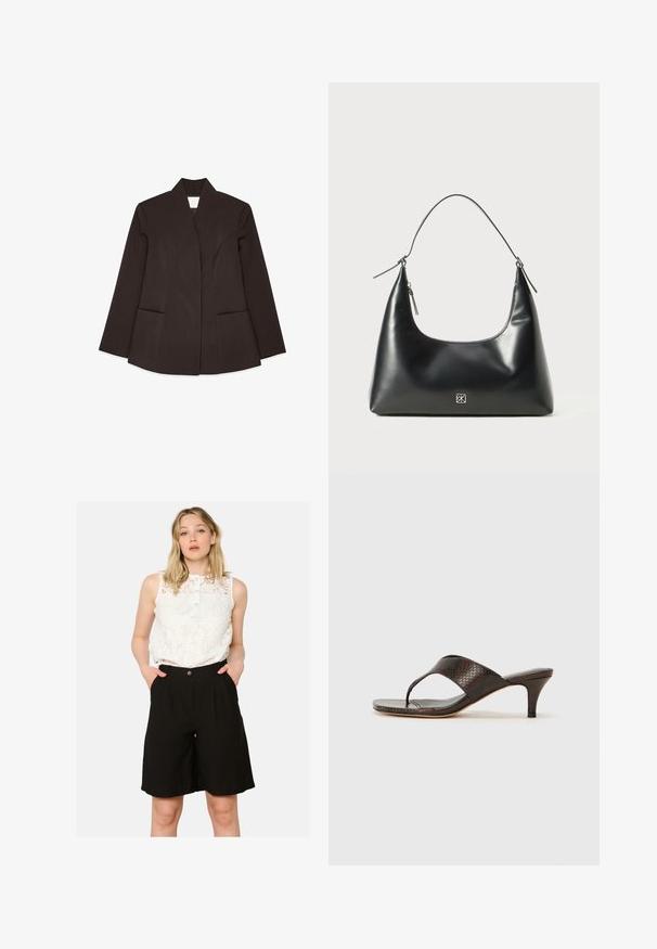 Brązowa marynarka o dopasowanym kroju z wysokim kołnierzem, długimi rękawami i dwiema przednimi kieszeniami. Posiada zaokrąglone szwy, co zapewnia dopasowany fason. Gładka faktura.; Biały top na ramiączkach wykonany z lekkiego materiału. Posiada okrągły dekolt i szerokie wycięcia na ramionach, charakteryzuje się gładką fakturą i minimalistycznym wzornictwem.; Biały koronkowy top bez rękawów z zapięciem na guziki, zestawiony z czarnymi szortami z wysokim stanem, które mają boczne kieszenie i luźny krój.; Brązowe sandały na obcasie z sztucznej skóry w wężowy wzór, z designem w forme thong i kwadratowym noskiem. Obcas ma około 5 cm wysokości, z gładkim wykończeniem.; Czarna gładka skórzana torba na ramię z zaokrąglonym wierzchem, pojedynczym paskiem, zamknięciem na zamek i małym srebrnym logo umieszczonym na środku przodu.
