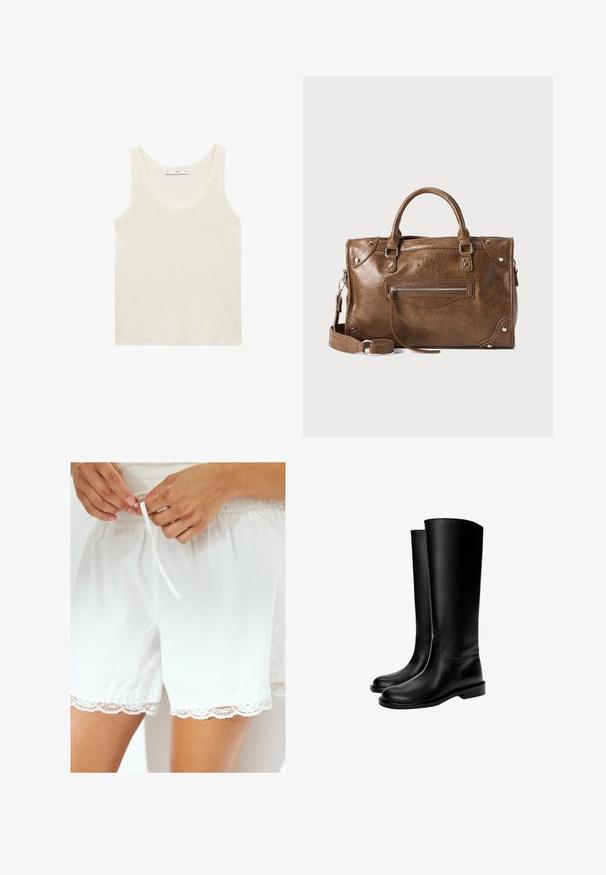 Brauner maßgeschneiderter Blazer mit hohem Kragen, langen Ärmeln und zwei Vorderentaschen. Verfügt über geschwungene Nähte für eine taillierte Passform. Glatte Textur.; Weißes Tanktop aus leichtem Stoff. Verfügt über einen runden Ausschnitt und weite Armausschnitte, mit einer glatten Textur und minimalistischem Design.; Weiße Baumwollshorts mit elastischem Bund und Kordelzug, verziert mit einer Spitzenbordüre am Saum für zusätzliche Details.; Schwarze knielange Lederstiefel mit glatter Textur, runder Zehenform, flacher Sohle und minimalistischem Design, mit genähten Nähten und ohne sichtbare Beschläge.; Braune Lederhandtasche mit verstellbarem Schultergurt, oberen Griffen, einem Reißverschlussfach vorne und metallischen Hardware-Akzenten. Texturierte Oberfläche.