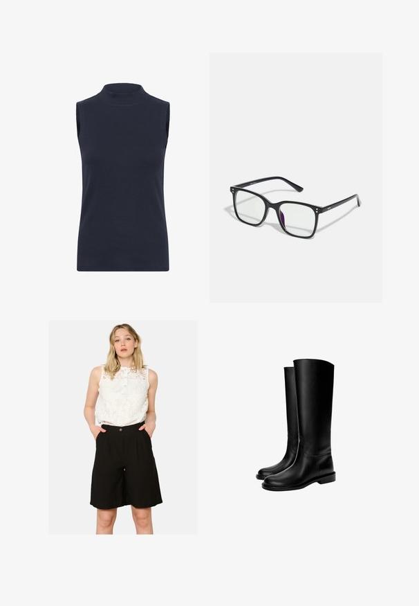 Brązowa marynarka o dopasowanym kroju z wysokim kołnierzem, długimi rękawami i dwiema przednimi kieszeniami. Posiada zaokrąglone szwy, co zapewnia dopasowany fason. Gładka faktura.; Granatowy bezrękawnik z golfem, wykonany z prążkowanej tkaniny, charakteryzujący się dopasowanym krojem i gładką fakturą. Brak widocznych wzorów i ozdób.; Biały koronkowy top bez rękawów z zapięciem na guziki, zestawiony z czarnymi szortami z wysokim stanem, które mają boczne kieszenie i luźny krój.; Czarne skórzane kozaki do kolan o gładkiej fakturze, zaokrąglonym nosie, płaskiej podeszwie i minimalistycznym designie, z przeszytymi szwem i bez widocznych elementów metalowych.; Czarne prostokątne okulary z przezroczystymi soczewkami, z złotymi akcentami na oprawkach i lekkim fioletowym odcieniem na jednej z soczewek.; Czarna gładka skórzana torba na ramię z zaokrąglonym wierzchem, pojedynczym paskiem, zamknięciem na zamek i małym srebrnym logo umieszczonym na środku przodu.