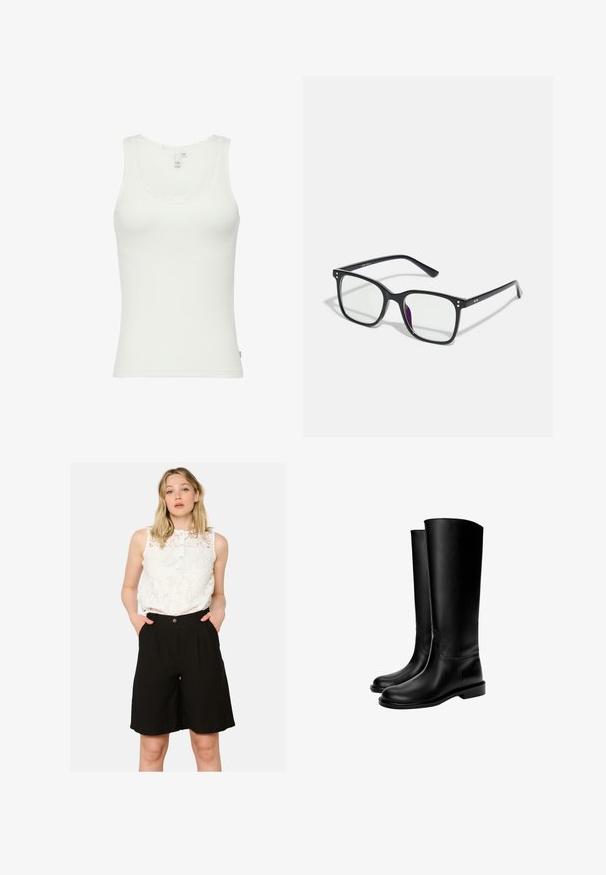 Blazer marron ajusté avec un col haut, des manches longues et deux poches avant. Présente des coutures courbées pour un design ajusté. Texture lisse.; Débardeur blanc en coton côtelé, avec un col en dentelle à volants, une coupe ajustée, et une étiquette sur le côté avec les détails de taille.; Haut sans manches en dentelle blanche avec un col à boutons, associé à un short noir taille haute avec des poches latérales et une coupe ample.; Bottes en cuir noires montant jusqu'au genou avec une texture lisse, bout rond, semelle plate et design minimaliste, comprenant des coutures cousues et aucun matériel visible.; Lunettes rectangulaires noires avec des verres transparents, présentant des accents en or sur la monture et une légère teinte violette sur un des verres.; Sac à épaule en cuir lisse noir avec un haut courbé, une bandoulière unique, une fermeture à glissière et un petit logo argenté au centre à l'avant.