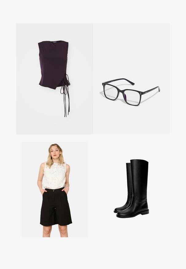 Brązowa marynarka o dopasowanym kroju z wysokim kołnierzem, długimi rękawami i dwiema przednimi kieszeniami. Posiada zaokrąglone szwy, co zapewnia dopasowany fason. Gładka faktura.; Asymetryczna bezrękawnik w ciemnofioletowym materiale, z bocznym związaniem i gładką fakturą oraz kątowym dekoltem.; Biały koronkowy top bez rękawów z zapięciem na guziki, zestawiony z czarnymi szortami z wysokim stanem, które mają boczne kieszenie i luźny krój.; Czarne skórzane kozaki do kolan o gładkiej fakturze, zaokrąglonym nosie, płaskiej podeszwie i minimalistycznym designie, z przeszytymi szwem i bez widocznych elementów metalowych.; Czarne prostokątne okulary z przezroczystymi soczewkami, z złotymi akcentami na oprawkach i lekkim fioletowym odcieniem na jednej z soczewek.; Czarna gładka skórzana torba na ramię z zaokrąglonym wierzchem, pojedynczym paskiem, zamknięciem na zamek i małym srebrnym logo umieszczonym na środku przodu.