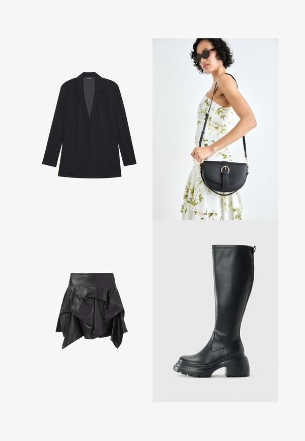 Zwarte blazer met lange mouwen, met notch revers, rechte zoom en gestructureerde schouders, plat gelegd op een witte achtergrond.; Zwarte turtleneck met lange mouwen, gemaakt van ribbelstof, heeft een aansluitend ontwerp met een hoge hals en geen patronen of accenten.; Zwarte leren rok met een uitlopende, asymmetrische ontwerp met gedrapeerde details en een aansluitende tailleband. Gladde textuur met een glanzende afwerking.; Hoge zwarte leren laars met een chunky plateauzool en blokhak, voorzien van een trekband en een gestructureerd profiel op de buitenzool.; Zwarte leren handtas met een gebogen vorm, afneembare schouderband en gouden hardware. De tas heeft een klep met een gespsluiting.
