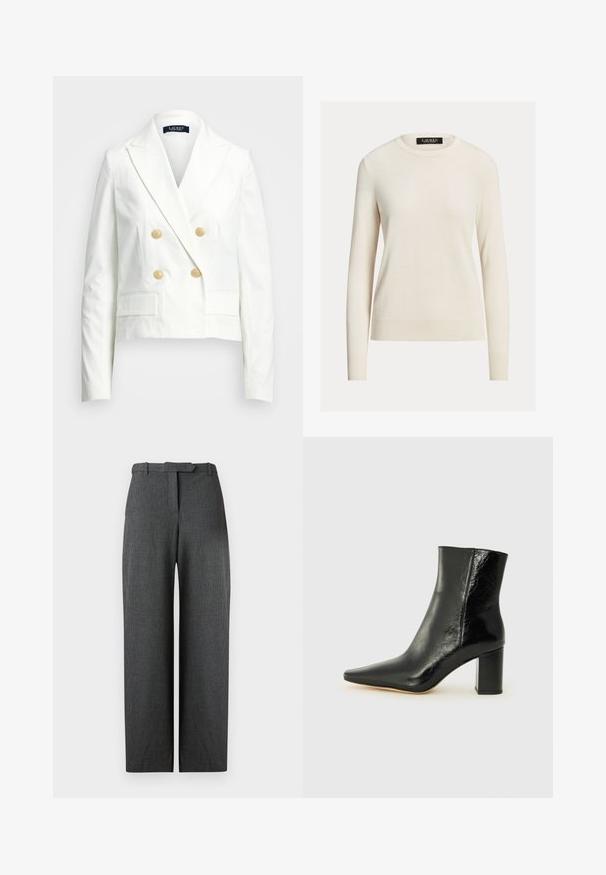 Witte cropped blazer met een dubbelzijdig ontwerp, gouden knopen, notch revers en twee voorkruiden. Soepele textuur en op maat gemaakte pasvorm.; Lichte crème trui, lange mouwen, ronde halslijn, gebreide textuur, ribgebreide manchetten en zoom, label leest "LAUREN." Eenvoudig, minimalistisch ontwerp.; Grijze gestructureerde wijde broek met een getailleerde pasvorm, uitgerust met een tailleband met riemlussen en zijzakken, vervaardigd uit een glanzende stof.; Zwarte enkellaarsjes van glanzend leer met een puntige neus en een stevige, vierkante hak. Heeft een gladde textuur en een minimalistisch ontwerp.