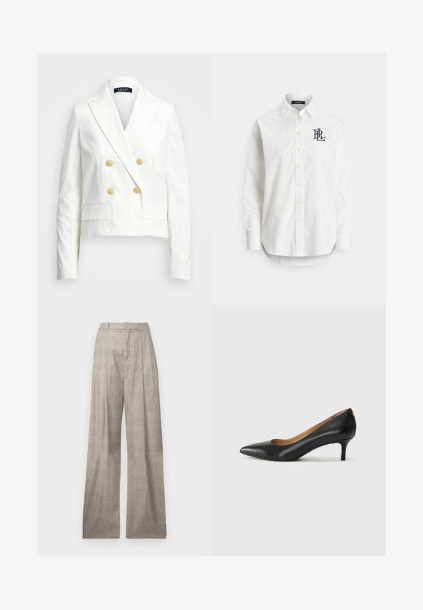 White cropped blazer featuring a double-breasted design, gold buttons, notch lapels, and two front pockets. Smooth texture and tailored fit.; White button-up shirt in cotton with long sleeves, pointed collar, and a navy logo embroidered on the left chest. Rounded hem at the bottom.; Light gray, wide-leg trousers featuring a subtle houndstooth pattern, pleats, belt loops, and a smooth texture.; Black leather pump with a pointed toe, low heel, and a smooth texture. Features a slight opening at the front and minimal hardware at the back.