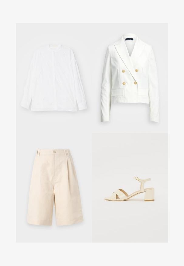 Bílý zkrácený blazer s dvojitým zapínáním, zlatými knoflíky, špičatými klopami a dvěma předními kapsami. Hladká textura a přizpůsobený střih.; Erdem LONG SLEEVE OPEN BACK - Košilová halenka - white; Béžové lněné šortky s uvolněným střihem, opatřené zapínáním na knoflíky, plisovaným designem a délka ke kolenům. Hladká textura a jednoduchý styl.; Beige lakované sandály na podpatku s křížovými pásky, otevřenou špičkou, nastavitelními nártními pásky a blokovým podpatkem. Hladký povrch.