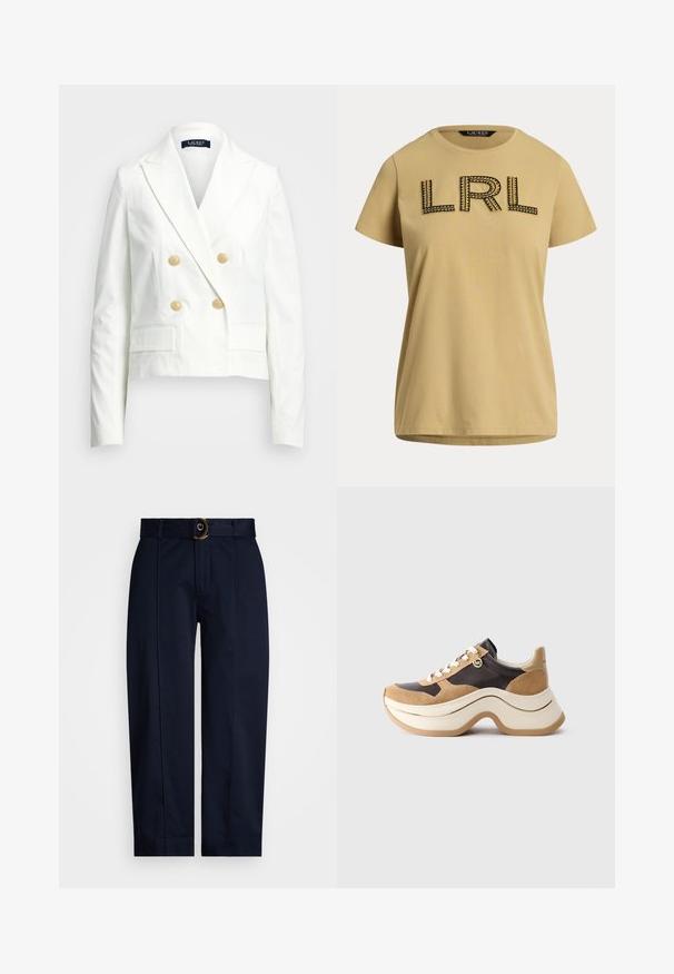 Λευκό cropped σακάκι με διπλή κουμπότρυπα, χρυσά κουμπιά, πέτσος γιακά και δύο μπροστινές τσέπες. Λείο υλικό και κομψή εφαρμογή.; Καθημερινό κοντομάνικο μπλουζάκι από βαμβάκι σε μουσταρδί χρώμα, με μαύρο κεντητό λογότυπο "LRL" και διακοσμητικά ραφάκια. Πρότυπος λαιμός τύπου crew.; Ναυτικές παντελόνες με υφασμένο ζωνάκι και χρυσό κούμπωμα, με άμεση γραμμή και πιεσμένες πτυχές μπροστά.; Sneaker με χοντρή σόλα σε μπεζ και σκούρο καφέ, με σουέτ λεπτομέρειες, λευκή κορδόνι και ένα μικρό χρυσό charm MK στο πλάι.