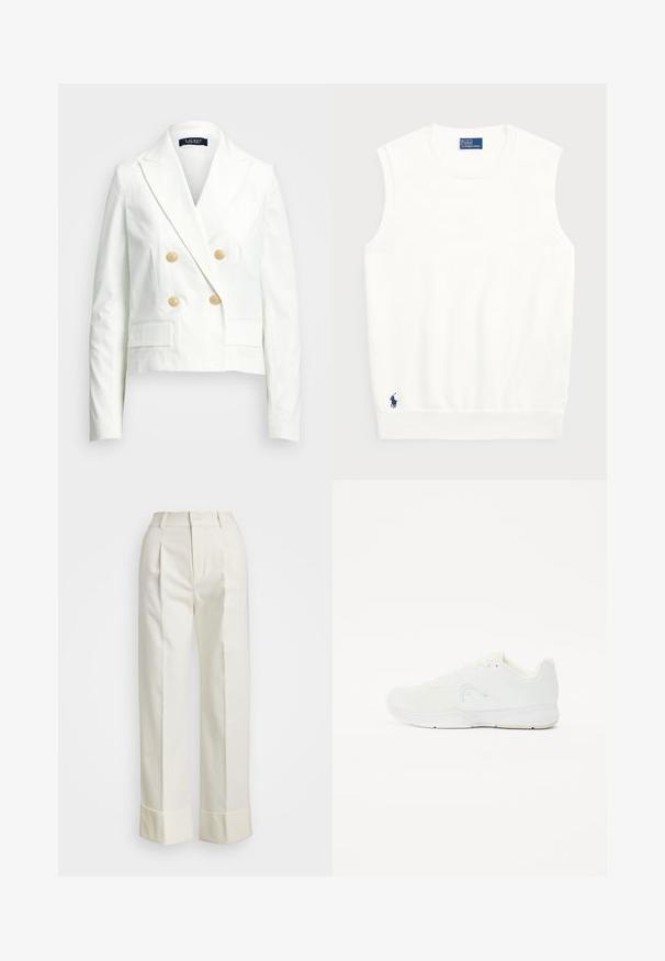 White cropped blazer featuring a double-breasted design, gold buttons, notch lapels, and two front pockets. Smooth texture and tailored fit.; White sleeveless sweater made of smooth cotton, featuring a ribbed hem and a small navy logo on the bottom left. Simple design, no patterns.; White tailored pants featuring a high waist, double front pleats, and wide legs with folded cuffs. Made from a smooth, textured fabric.; White athletic shoe featuring a mesh upper, lace-up design, rounded toe, and a textured rubber sole with minimal branding.