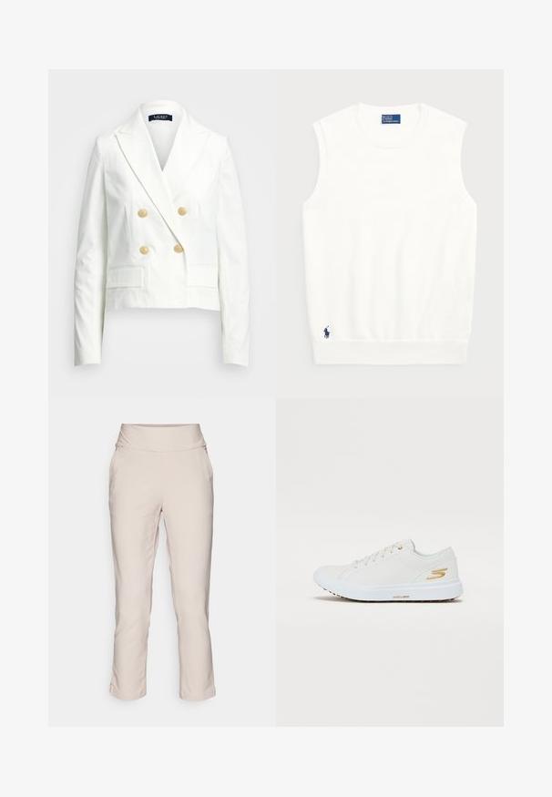 Λευκό cropped σακάκι με διπλή κουμπότρυπα, χρυσά κουμπιά, πέτσος γιακά και δύο μπροστινές τσέπες. Λείο υλικό και κομψή εφαρμογή.; Λευκό αμάνικο πουλόβερ από απαλό βαμβάκι, με ριμπ τελείωμα και μικρό ναυτικό λογότυπο στο κάτω αριστερό μέρος. Απλός σχεδιασμός, χωρίς μοτίβα.; Ανοιχτό μπεζ tapered παντελόνι με φαρδύ λάστιχο στη μέση, μαλακή υφή, πλαϊνές τσέπες και διπλωμένα τελειώματα. Κατάλληλο για καθημερινές ή ημι-επίσημες περιστάσεις.; Λευκό αθλητικό παπούτσι με λείο συνθετικό επάνω μέρος, χρυσές λεπτομέρειες και ανθεκτική καουτσούκ σόλα. Διαθέτει στρογγυλή μύτη, σχέδιο με κορδόνια και μαξιλαρωμένη εσωτερική επένδυση.