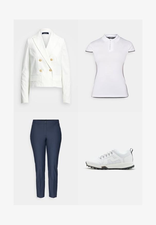 Fehér, rövidített blézer, dupla gombolású dizájnnal, aranygombokkal, kékes hajtókával és két elülső zsebbel. Sima textúra és testre szabott illeszkedés.; Fehér póló rövid ujjal, gallérral és elől gombos záródással. Fekete díszítések az ujjakon és az oldalvarrásokon. Puha, sima tapintás.; Sötétkék, testre szabott, slim-fit nadrág gombos záródással, övhurkokkal, cipzáras oldalsó zsebekkel és bokazippzárokkal mindkét lábon.; Fehér sportcipők hálós felsőrészsel, gumitalppal, struktúrált részletekkel és fekete saroktábla. Szürke fűzőkkel és logóval rendelkezik.