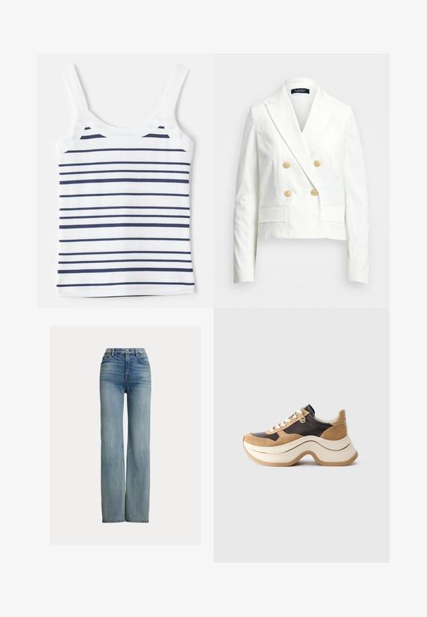 Valkoinen lyhyt bleiseri, jossa on kaksirivinen malli, kultaiset napit, viistereunat ja kaksi etutaskua. Sileä pinta ja hyvin istuva muoto.; Raidallinen hihaton paita, jossa on valkoisia ja laivaston sinisiä vaakaraitoja, valmistettu ribbikankaasta. Sisältää leveät hihnat ja pyöreän kaula-aukon.; Korkeavyötäröiset, suorat siniset farkut, joissa on etutaskut, vyölenkit ja nappisuljenta, sekä hienovaraisia haalistumisia.; Kengänpohja on paksu beigen ja tummanruskean värin yhdistelmä, jossa on mokkanahkakoristeita, valkoiset nauhat ja pieni kultainen MK-riipus sivussa.