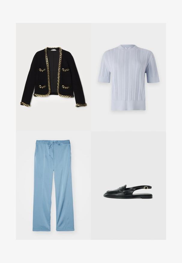 Černá texturovaná bunda se zlatým řetězovým lemováním podél okrajů a kapes, s dekorativními kovovými detaily na přední straně.; Světle modrý pletený top s krátkým rukávem, který má vertikální žebrovanou texturu a kulatý výstřih. Tkanina vykazuje jemné detaily s přiléhavým lemem.; Světle modré široké kalhoty vyrobené z měkké látky. Mají elastický pas s nastavitelnou šňůrkou a postranní kapsy.; Černá kožená slingback obuv s kulatou špičkou, plochou podrážkou, bočním výřezem a páskem s kovovým detailem ve zlaté barvě.