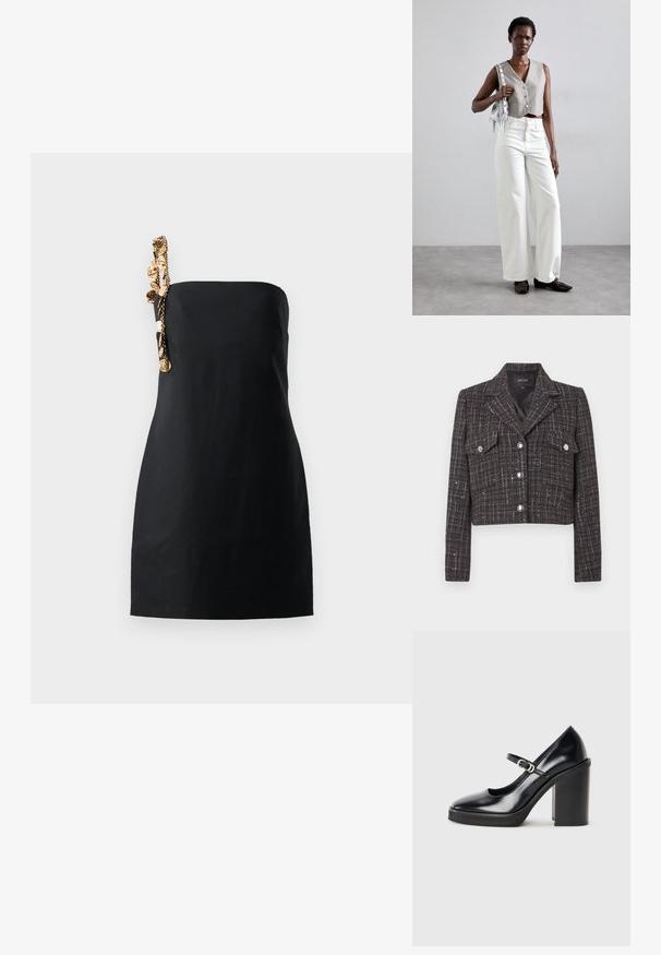 Īss tumša tvīda žakete ar rūtainu rakstu, sudraba pogām, divām priekšējām kabatām un iezīmētu apkakli. Oderēts iekšpuse.; Melna mini kleita ar strukturētu, taisnu griezumu un dekoratīvu zelta toņa ķēdi uz viena pleca. Gluda auduma tekstūra.; Melnas lakotas ādas augstpapēžu kurpes ar noapaļotu purngalu, potītes siksnu, sudraba sprādzi un masīlu blokveida papēdi.; Pelēks īss vests ar pogām, apvienots ar baltām platām biksēm un melniem plakanajiem apaviem. Aksesuārs - mazs sudraba frizētājs.