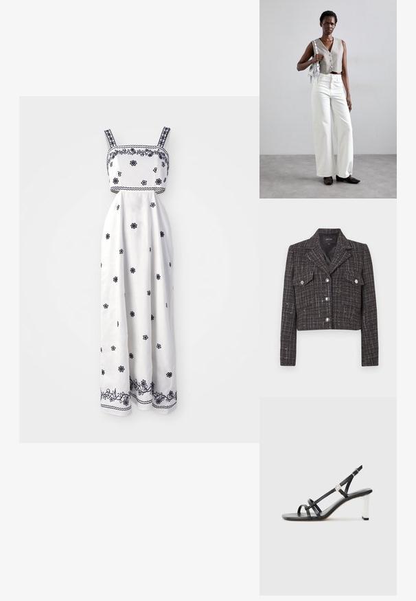 Kort jacka i mörkt tweed med rutig mönster, silverknappar, två framfickor och en kavajslag. Fodrad insida.; Vit maxiklänning med marinblå blommig broderi, fyrkantig halsringning och tunna axelband. Har intrikata kantstygn längs fållen.; Svarta klacksandaler med flera smala remmar, slingbackdesign och en silveraccent på klacken. Slät ovandel av material och fyrkantig klack.; Grå kortärmad väst med knappar, kombinerad med vita vida jeans och svarta platta skor. Accessoarer med en liten silverfärgad fransväska.