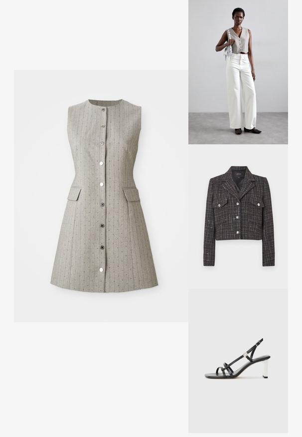 Zkrácená bunda z tmavého tvídu s kostkovaným vzorem, stříbrné knoflíky, dvě přední kapsy a klopový límec s výřezem. Podšívka uvnitř.; Bezramínková šedá šaty s vertikálními pruhy, kulatým výstřihem, předním zapínáním na knoflíky, dvěma postranními kapsami a přiléhavým střihem.; Černé sandály na podpatku s několika úzkými pásky, designem s objímáním paty a stříbrným akcentem na podpatku. Hladký svrchní materiál a čtvercový podpatek.; Šedý zkrácený vest, doplněný bílými širokými džíny a černými plochými botami. Doplňková malá stříbrná kabelka s třásněmi.