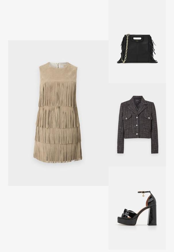 Īss tumša tvīda žakete ar rūtainu rakstu, sudraba pogām, divām priekšējām kabatām un iezīmētu apkakli. Oderēts iekšpuse.; Bežs zamšs kleita ar slāņotu fringu detalizācijām. Apaļš kakls ar rāvējslēdzēju aizmugurē. Gluda tekstūra, virs ceļgaliem.; Maje Augstpapēžu sandales - noir; Melna ādas rokassoma ar frizūras detaļām, zelta ķēdes plecu siksnu un izgrieztu rokturi. Ir logotipa novietojums priekšpusē.