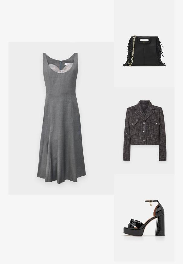 Lühendatud jakk tumedas tviidis ruudulise mustriga, hõbedaste nuppude, kahe ees tasku ja sisselõigetega kraega. Voodriga sisemus.; Hallita särgita kleit, millel on ümar kaelus, laienev seelik ja peidetud selja tõmblukk. Valmistatud tekstureeritud kangast, millel on siledat voodrit.; Maje Kõrge kontsaga sandaalid - noir; Musta nahk käekott, millel on frantsiisid, kuldne ahelsanga ja lõigatud käepide. Esiosas on logot.