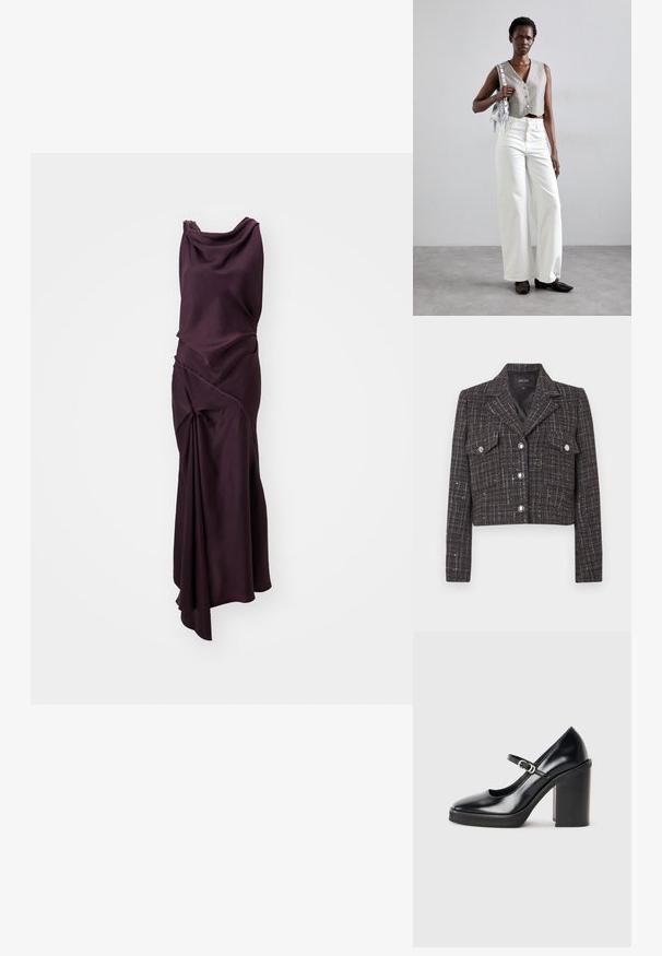 Zkrácená bunda z tmavého tvídu s kostkovaným vzorem, stříbrné knoflíky, dvě přední kapsy a klopový límec s výřezem. Podšívka uvnitř.; Dlouhé šaty bez rukávů v tmavě fialové barvě, vyrobené z hladké látky. Obsahují drapované a zkroucené detaily s asymetrickým spodním lemem.; Černá lakovaná vysoká bota na podpatku s kulatou špičkou, popruhem kolem kotníku, stříbrnou sponou a silným blokovým podpatkem.; Šedý zkrácený vest, doplněný bílými širokými džíny a černými plochými botami. Doplňková malá stříbrná kabelka s třásněmi.