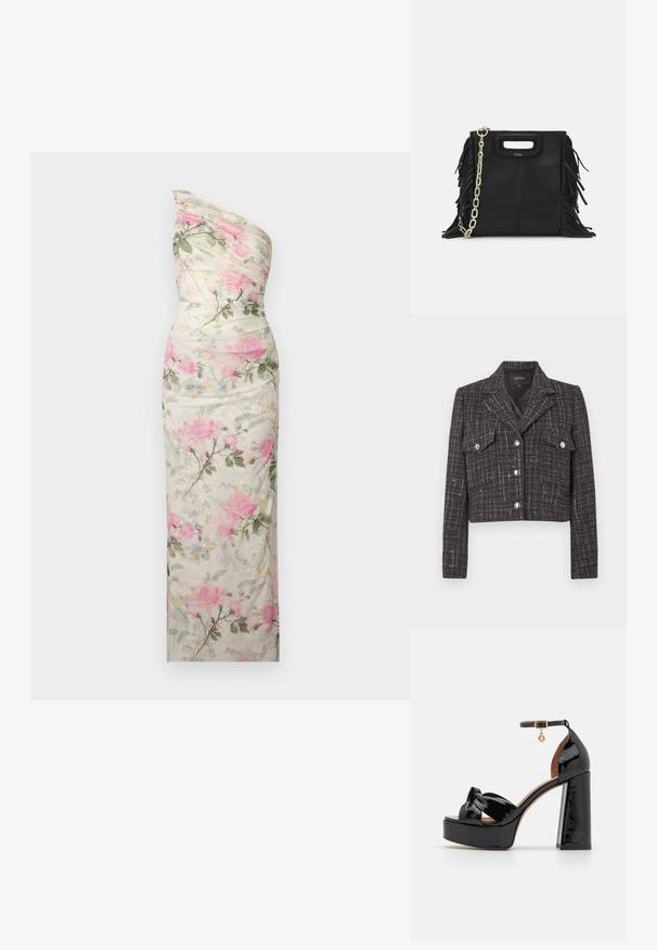 Lyhyt takki tummasta tweed-kankaasta, jossa on ruudullinen kuvio, hopeiset napit, kaksi etutaskua ja lovettu kaulus. Vuorattu sisäpuoli.; Yhden olkaimen kukkamekko vaaleassa kankaassa, jossa on vaaleanpunaisia ruusuja ja vihreitä lehtiä. Sujuva rakenne, sopiva siluetti ja laskostettu yksityiskohta.; Maje Korolliset sandaalit - noir; Musta nahkakäekott, millel on frantsiisidetailid, kuldne õlgade rihm ja lõikega käepide. Ees on logo paigutus.