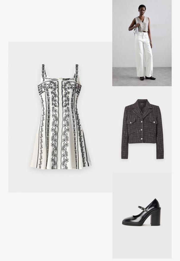 Lyhyt takki tummasta tweed-kankaasta, jossa on ruudullinen kuvio, hopeiset napit, kaksi etutaskua ja lovettu kaulus. Vuorattu sisäpuoli.; Musta-valkoinen ilman hihoja oleva mekko, jossa on monimutkainen kukkakirjonta, istuva yläosa ja levenevät hameosat. Rakennekangas, jossa on vetoketju.; Musta lakattu nahkainen korkokenkä, jossa on pyöreä kärki, nilkkalenkki, hopeinen solki ja paksu loiva korko.; Harmaa lyhyt liivi napilla, yhdistettynä valkoisiin leveälahkeisiin farkkuihin ja mustiin tasapohjaisiin kenkiin. Asusteena pieni hopeinen fringelaukku.