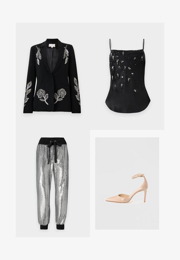 Blazer negro con intrincados bordados florales plateados en las mangas, cierre de un solo botón y dos bolsillos delanteros. Textura suave.; Camisón de satén negro con tirantes finos, que presenta cuentas y lentejuelas dispersas en tonos plateados y oscuros, creando un patrón texturizado.; Pantalones jogger de lentejuelas plateadas con cinturilla elástica negra, cordón y puños negros en los tobillos para un ajuste ajustado.; Zapato de charol nude con punta afilada, correa en el tobillo y tacón de aguja, que presenta una textura suave y un diseño minimalista.