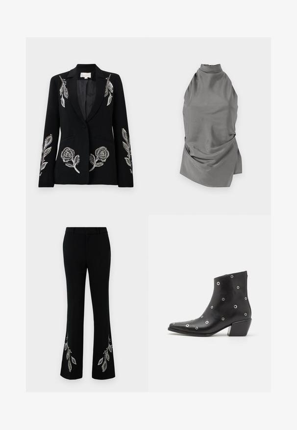 Blazer negro con intrincados bordados florales plateados en las mangas, cierre de un solo botón y dos bolsillos delanteros. Textura suave.; CLOSED HALTER NECK - Blusa - led grey; Pantalones negros acampanados con bordados decorativos de hojas plateadas en el dobladillo. Presenta una tela suave, un corte entallado y un diseño de frente plano.; Bota de tobillo de cuero negro con detalles de ojales plateados, punta afilada y tacón cuadrado. Diseño elegante con una textura suave.