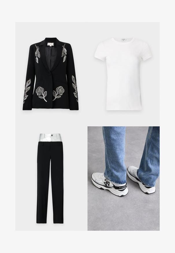 Blazer nero con complesso ricamo floreale argento sulle maniche, chiusura con un solo bottone e due tasche frontali. Texture liscia.; T-shirt bianco a maniche corte con collo tondo. Il tessuto appare liscio con una silhouette aderente. Etichetta del marchio visibile al colletto.; Pantaloni neri con una cintura brillante argentata. Presentano una chiusura con bottone e quattro tasche, con una vestibilità su misura e un design a gamba dritta.; Scarpe da ginnastica bianche e grigie con una tomaia in rete testurizzata, accenti neri e un logo prominente sul lato e sul tallone, abbinate a jeans blu.