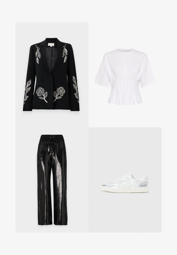 Mustmust mustri, mille peene hõbedased lillemürid varrukatel, ühe nupu sulgemisega ja kahe esise taskuga. Sujuv tekstuur.; Valge lühikeste varrukatega topp pehmest kangast, ümmarguse kaelusega ja kokkutõmbumise detailidega vööl, et saavutada figureeriv välimus.; Mustad sequinsipüksid laia säärte lõikega ja elastse vöökoha, millel on pael. Kanga pind on peegeldav ja läikiv.; Valged tennisjalanõud metallik hõbedaste aktsentidega, sile tekstuur, ümar varvas, tasane põhi ja traditsiooniline paeltega sulgemine.