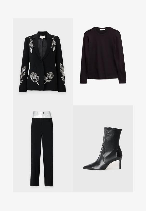 Blazer negro con intrincados bordados florales plateados en las mangas, cierre de un solo botón y dos bolsillos delanteros. Textura suave.; Camiseta negra de manga larga y cuello redondo, hecha de un tejido texturizado, con dobladillo recto y detalles cosidos en el cuello y los hombros.; Pantalones negros con una cinturilla plateada brillante. Cuenta con un cierre de botón y cuatro bolsillos, con un corte entallado y un diseño de pierna recta.; Botas negras hasta el tobillo hechas de cuero suave, con punta afilada, caña ajustada y tacón alto delgado. Diseño minimalista sin herrajes visibles.