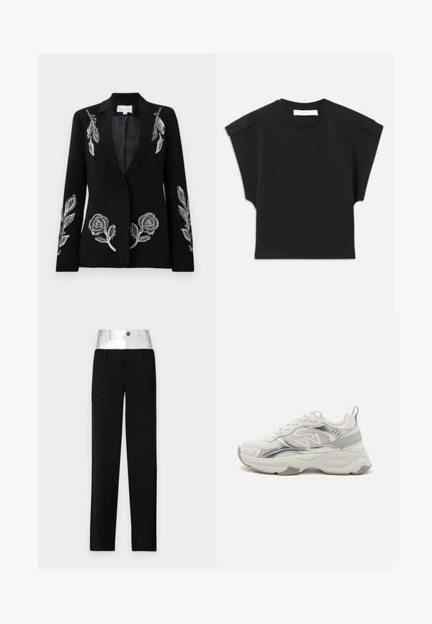 Schwarze Blazer mit aufwändiger silberner Blumenstickerei an den Ärmeln, einem einzigen Knopfverschluss und zwei Vorderentaschen. Glatte Textur.; Schwarzes kurzärmliges Oberteil mit rundem Halsausschnitt und Schulterdetails, flach auf einem weißen Hintergrund ausgelegt.; Schwarze Hosen mit einem glänzenden silbernen Bund. Sie verfügen über einen Knopfverschluss und vier Taschen, haben einen taillierten Schnitt und ein gerades Bein-Design.; Weiße Sport Sneaker mit glänzenden silbernen Akzenten, Mesh-Einsätzen und einer dicken Sohle. Mit einem Logo an der Seite und einer strukturierten Fersenschlaufe.