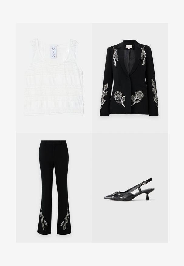 Blazer negru cu broderie florală complexă din fir argintiu pe mâneci, închidere cu un singur nasture și două buzunare frontale. Textură netedă.; Top alb fără mâneci, dintr-un material texturat, cu modele de dungi orizontale. Bretele ajustabile și un decolteu rotund cu cusături detaliate.; Pantaloni evazați negri cu modele brodate cu frunze argintii la tiv. Confecționați dintr-o țesătură netedă, cu talie structurată și croi slim.; Pantofii slingback din piele neagră, cu vârful ascuțit, curele decorative cu ochiuri din metal și toc bloc mic. Suprafață texturată.