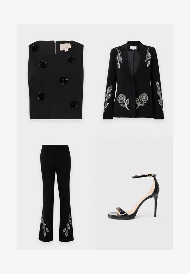 Black blazer with intricate silver floral embroidery on sleeves, a single button closure, and two front pockets. Smooth texture.; Black sleeveless top with square neckline, featuring sequin floral appliqués and a back zipper. Smooth fabric texture. Size small.; Black flared trousers with decorative silver leaf embroidery at the hem. Features a smooth fabric, tailored fit, and flat front design.; Black patent leather high-heeled sandal with ankle strap and gold buckle, open toe, and slim stiletto heel on a plain background.