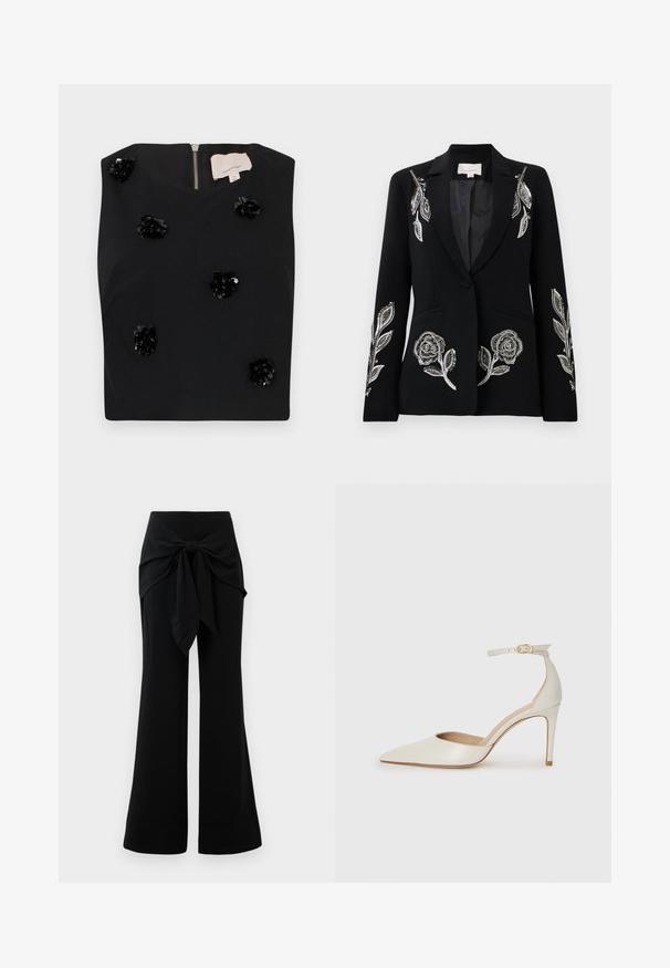Juodas švarkas su sudėtingu sidabriniu gėlių siuvinėjimu ant rankovių, vienu mygtuko uždarymu ir dviem priekinėmis kišenėmis. Lygus paviršius.; Juodas be rankovių marškinėlis su kvadratiniu iškirpimu, puošiamas siuvinėjimais gėlėmis iš blizgių akmenukų ir su užtrauktuku nugaroje. Lygaus audinio tekstūra. Dydis mažas.; Juodos plačios kelnės su juostos detale ant liemens. Pagamintos iš minkštos medžiagos, pasižyminčios lygiu paviršiumi ir švariomis linijomis. Apatinė dalis šiek tiek išplatėjusi.; Balti odiniai aukštakulniai batai su smailiu priekiniu galu, kulkšnies dirželiu ir siauru stiletu. Lygi tekstūra su subtiliu blizgiu paviršiumi.