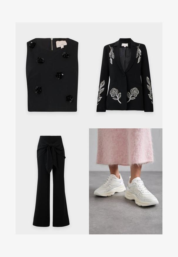 Black blazer with intricate silver floral embroidery on sleeves, a single button closure, and two front pockets. Smooth texture.; Black sleeveless top with square neckline, featuring sequin floral appliqués and a back zipper. Smooth fabric texture. Size small.; Black wide-leg pants with a waist tie detail. Made from soft fabric, featuring a smooth texture and clean lines. Hem slightly flared.; White sneakers with mesh and leather materials, rounded toe, and cushioned sole. Features laces and brand name on tongue.