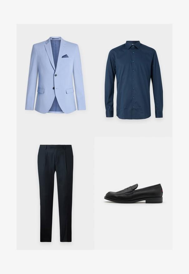 Blazer azul claro feito de um tecido suave, com lapela notched, dois bolsos frontais, dois botões e um bolso no peito com um detalhe em azul-marinho.; Camisa de botão de manga longa azul-marinho feita de tecido suave. Apresenta um colarinho padrão, uma pala frontal com botões combinando e mangas com punhos.; Calças pretas ajustadas, feitas de um tecido suave, com um design slim fit, duas pregas frontais e uma cintura plana sem fechos visíveis.; Mocassim de couro preto com um acabamento suave, bico arredondado e uma pequena aba decorativa. Apresenta um salto baixo em camadas e um detalhe de branding discreto.
