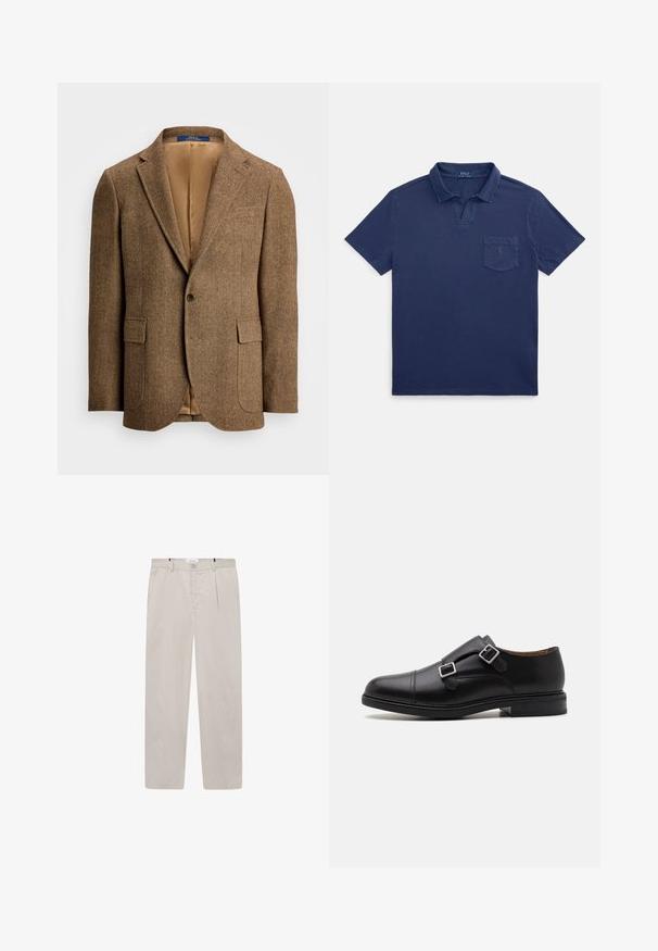 Rudas herringbone bleiseris su dviem priekinėmis kišenėmis, vienu mygtuko uždarymu ir smėlio spalvos satino pamušalu. Yra su išpjautu apykakle ir pritaikytu siluetu.; Tamsiai mėlynas polo marškinėlis iš medvilnės, turintis sulenktą apykaklę, trumpas rankoves ir krūtinės kišenę su mažu logotipo detalumu.; Šviesiai bežinės kelnes, pagamintas iš švelnios medžiagos, su tiesiu siluetu, dviem šoniniais kišenėmis ir priekiniais mygtukais. Lengvas ir lygus tekstūra.; Juodos odinės batų suknelės su dviem sagtimis, apvaliu nosiu, subtiliu siuvinėjimu ir plokščiu, tekstūriniu guminio padu.