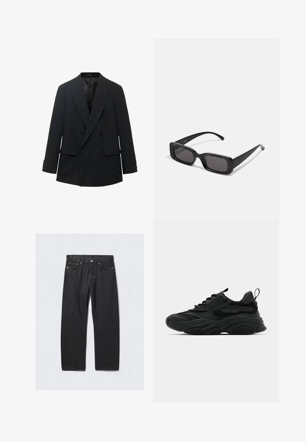 Črn dvojno zapnjen blazer z izstopajočimi reverji, dvema sprednjima žepoma in gumbnimi manšetami. Zaključen z gladkim satenskim notranjim podlogom.; Bela srajca z dolgimi rokavi in gumbi, izdelana iz gladkega materiala. Ima klasičen ovratnik, sprednje gumbke in manšete z enim gumbom. Oblika je ozka.; Črne kavbojke iz denima s ravnim krojem, z gumbom za zapenjanje, petimi žepi in detajli v bakreni barvi. Gladka tekstura.; Črne športne teniske z debelim podplatom, mrežastimi ploščami in gumijastimi detajli. Imajo zanka na peti in teksturirane vzorce.; Črne pravokotne sončna očala z temnimi lečami, sijajna površina, široka ročaja in masiven okvir. Vgravirano ime blagovne znamke na eni ročaji.; Burgundska svila kravata, ozka oblika z enotno teksturo. Ima koničast vrh, dosledno barvo in gladko površino.
