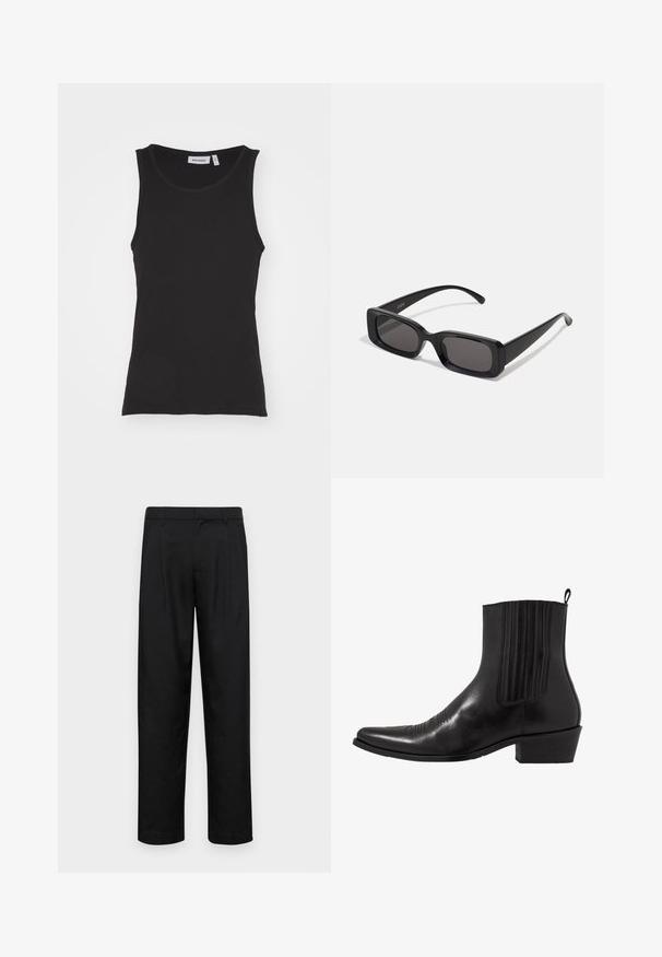 Svart dubbelt knäppt kavaj med slag i spets, två framfickor och knäppta ärmar. Avslutad med en slät satinfoder.; Svart ärmlös linne i bomull, med rund halsringning, ribbad yta och rak fåll. Etiketten säger "WEEKDAY."; Svarta byxor i slät väv, med rak ben-design, två framfickor och standardmidja med bälteshällor.; Svart läderankelboot med spetsig tå, elastiska sidopaneler, vertikala sömnadsdetaljer och en låg blockklack.; Svarta rektangulära solglasögon med mörka linser, glänsande yta, breda skalmar och en gedigen ramdesign. Graverat märke på ena skalmen.