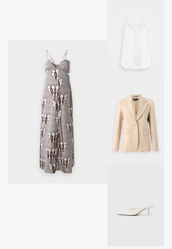Beige bleiseri, jossa on lovellinen kaulus, yksi napitus ja kaksi etutaskua. Valmistettu sileästä kankaasta, jossa on muotoiltu istuvuus.; Maxime-kjole med tynde stropper, prydet med et brunt og hvidt abstrakt blomstermønster på et tekstureret stof. Elastisk talje for komfort.; Valkoinen toppi, jossa on V-aukko muotoilu, ohuet olkaimet, teksturoitu pitsi lisäykset hartioilla ja kaareva helma. Sujuva kangaskuvio.; Valkoiset, teräväkärkiset muulit matalalla stiletto-korolla. Valmistettu sileästä materiaalista, minimalistisella muotoilulla ja hienovaraisella ruskealla pohjadossilla.