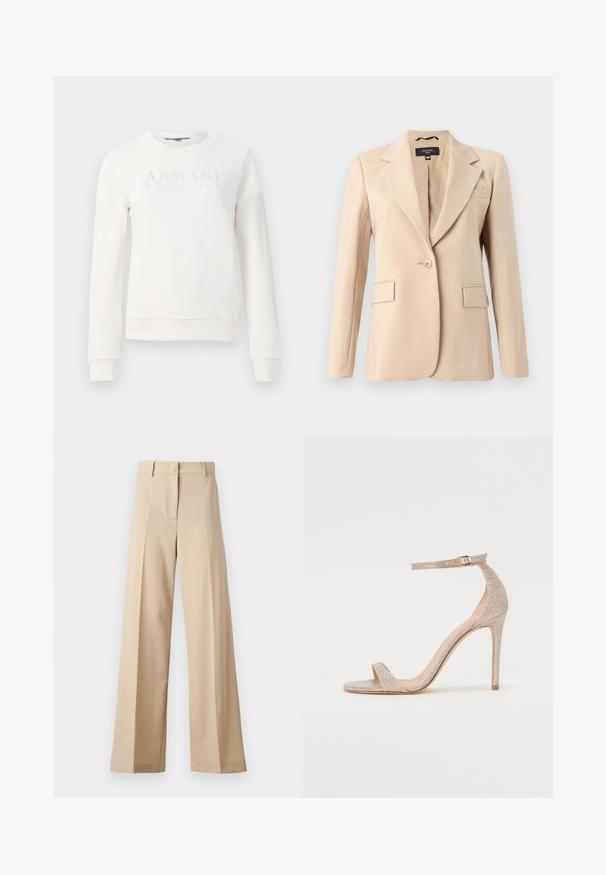 Beige blazer with a notched lapel, single button closure, and two front pockets. Made of smooth fabric, featuring a tailored fit.; White crewneck sweatshirt made of soft fabric, featuring raised letter logo "ARMANI EXCHANGE" on the front. Ribbed cuffs and hem.; Beige wide-leg trousers made of smooth fabric, featuring a flat front with pleats, a zip fly, and belt loops. Tailored fit overall.; Strappy high-heeled sandal in metallic rose gold, featuring a textured upper, open toe, and ankle strap with a gold buckle detail.